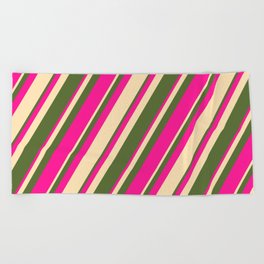 [ Thumbnail: Dark Olive Green, Deep Pink, and Beige Colored Stripes/Lines Pattern Beach Towel ]