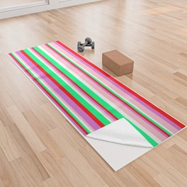 [ Thumbnail: Colorful Green, Red, Orchid, Pink, and White Colored Pattern of Stripes Yoga Towel ]