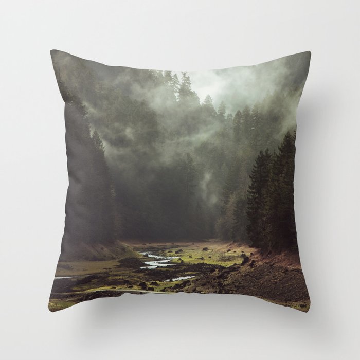 Foggy Forest Creek Throw Pillow