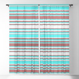 [ Thumbnail: Cyan, White, and Brown Colored Lines/Stripes Pattern Sheer Curtain ]