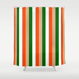 [ Thumbnail: Red, Tan, Dark Green & White Colored Striped/Lined Pattern Shower Curtain ]