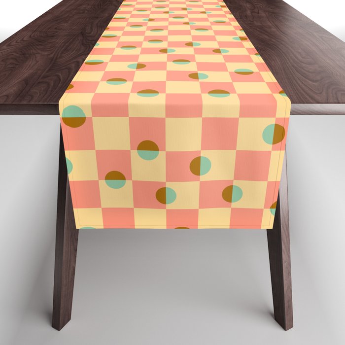 DAPPLED CHECKERED GEOMETRIC PATTERN in PINK MINT BROWN CREAM Table Runner