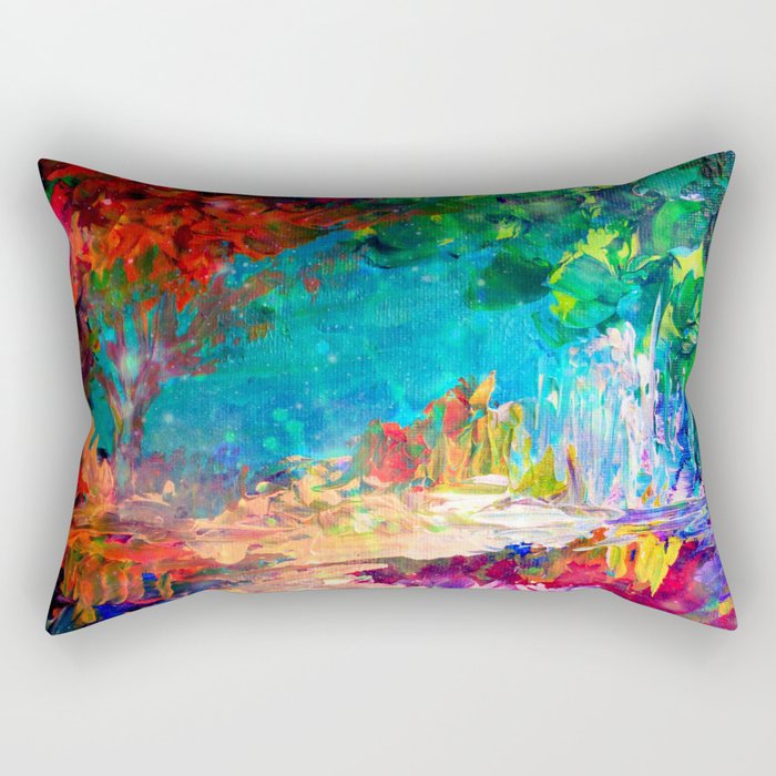 WELCOME TO UTOPIA Bold Rainbow Multicolor Abstract Painting Forest Nature  Whimsical Fantasy Fine Art Rectangular Pillow by EbiEmporium