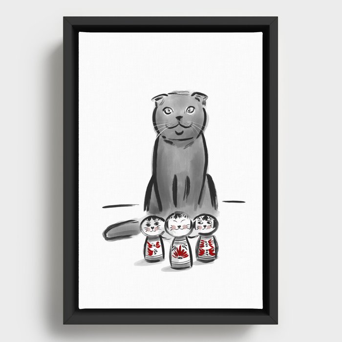 Cat and cat kokeshis Framed Canvas