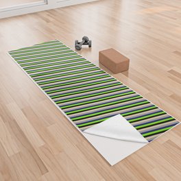 [ Thumbnail: Eye-catching Tan, Dark Grey, Midnight Blue, Chartreuse, and Black Colored Stripes/Lines Pattern Yoga Towel ]