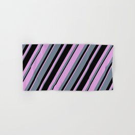 [ Thumbnail: Plum, Slate Gray, and Black Colored Lines Pattern Hand & Bath Towel ]