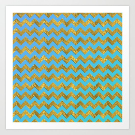 Gold glitter chevron on turquoise backround- pattern Art Print