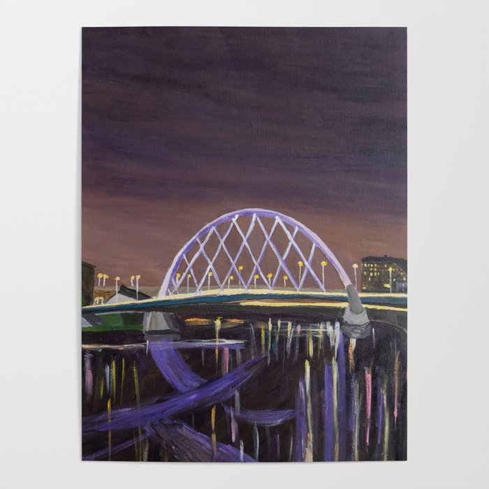 Glasgow Night Skyline with Finnieston Crane and Clyde Arc Painting Poster