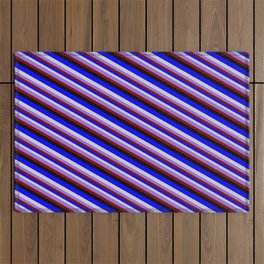 [ Thumbnail: Colorful Blue, Light Gray, Purple, Maroon, and Black Colored Stripes/Lines Pattern Outdoor Rug ]