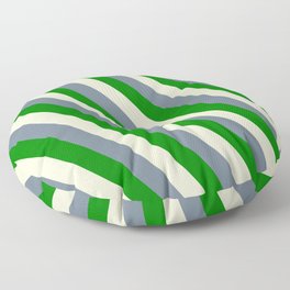 [ Thumbnail: Light Yellow, Slate Gray, and Green Colored Lined Pattern Floor Pillow ]