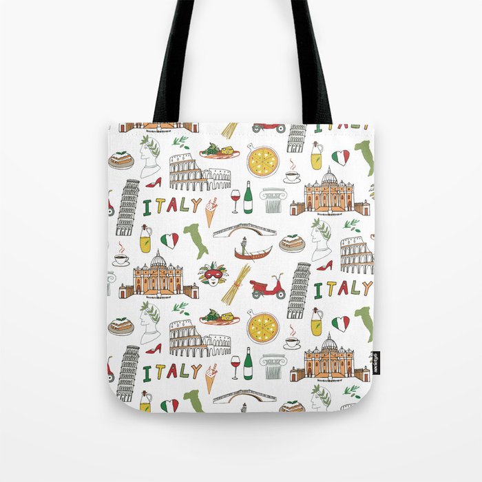 Italy travel doodle pattern with national italian food and sights.  Tote Bag