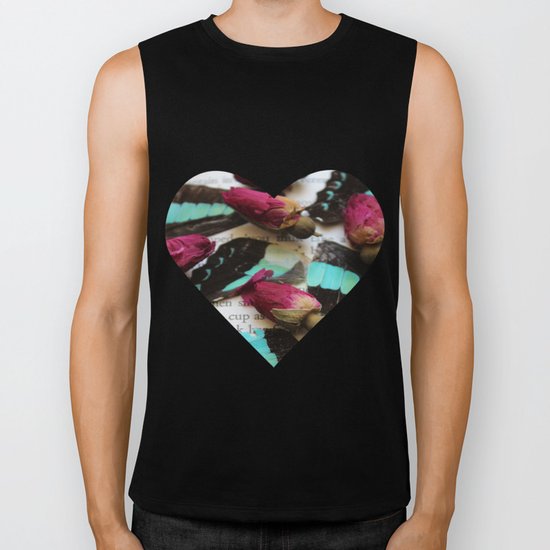 Heart Shaped Vintage print with Blue Butterfly Wings and Red Roses Biker Tank