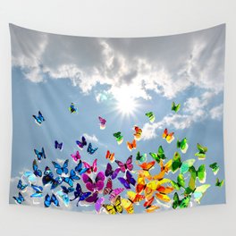 Butterflies in blue sky Wall Tapestry