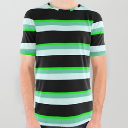 [ Thumbnail: Lime, Aquamarine, Light Cyan, and Black Colored Striped Pattern All Over Graphic Tee ]