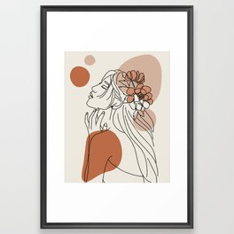 Asian Woman With Flowers In Hair Color Line Artwork Framed Art Print