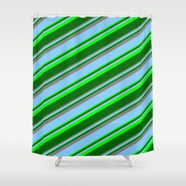 [ Thumbnail: Light Sky Blue, Lime, Dark Green & Grey Colored Striped Pattern Shower Curtain ]