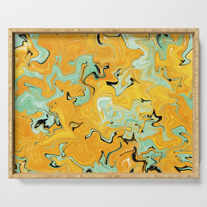 Yellow mustard and green mint fluid abstract art Serving Tray