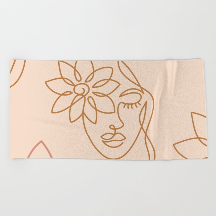 Woman linear face with flowers. Boho colors.  Beach Towel