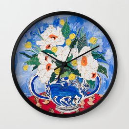 Queen of California - Giant Matilija Poppy Bouquet in Lion Vase on Blue Wall Clock