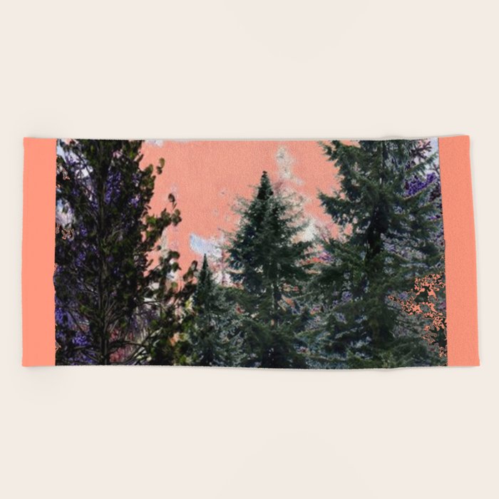 Coral Pink Western Pine Trees Mountain Landscape Beach Towel By
