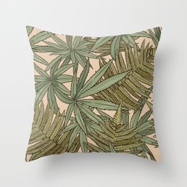 Vintage tropical pattern with fern and long leaves on beige background Throw Pillow