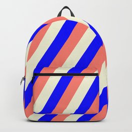 [ Thumbnail: Blue, Salmon & Beige Colored Stripes/Lines Pattern Backpack ]