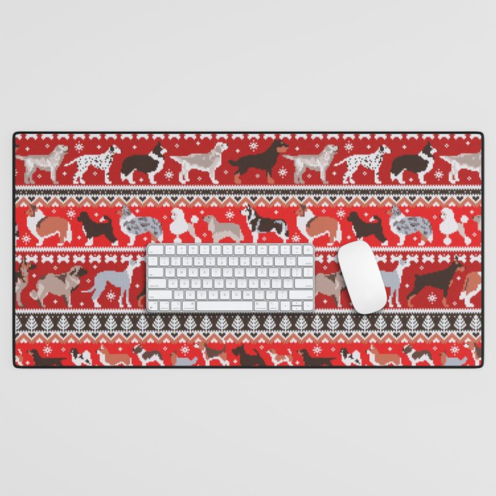 Fluffy and bright fair isle knitting doggie friends // fire brick and fire engine red background brown orange white and grey dog breeds  Desk Mat