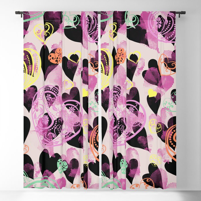 Colorful Heart Doodled Valentines Day Anniversary Pattern Blackout Curtain