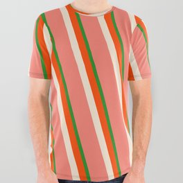 [ Thumbnail: Forest Green, Red, Beige, and Salmon Colored Lined/Striped Pattern All Over Graphic Tee ]
