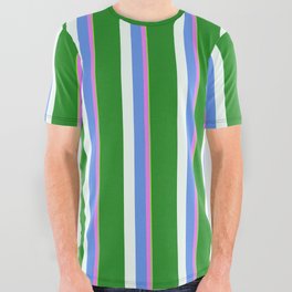 [ Thumbnail: Eyecatching Green, Violet, Cornflower Blue, Mint Cream & Forest Green Colored Pattern of Stripes All Over Graphic Tee ]
