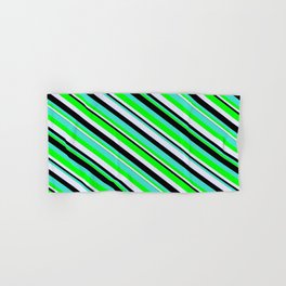 [ Thumbnail: Turquoise, Lime, Lavender, and Black Colored Stripes/Lines Pattern Hand & Bath Towel ]