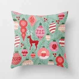 Mid-Century Ornaments in Red and Mint Throw Pillow
