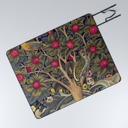 William Morris Woodpecker, Fruit Tree & Poppy Flower Garden Tapestry Textile Floral Print Picnic Blanket
