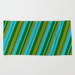 [ Thumbnail: Dark Green, Green, and Deep Sky Blue Colored Lined Pattern Beach Towel ]