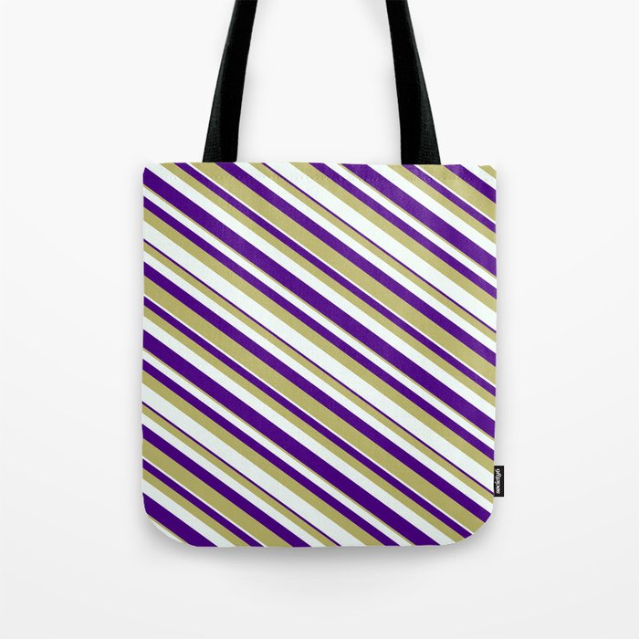 Dark Khaki, Mint Cream, and Indigo Colored Striped/Lined Pattern Tote Bag