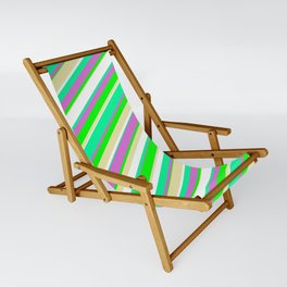 [ Thumbnail: Vibrant Green, Orchid, Lime, Pale Goldenrod, and White Colored Pattern of Stripes Sling Chair ]