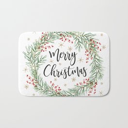 Merry Christmas wreath with red berries Bath Mat
