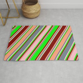 [ Thumbnail: Eye-catching Slate Gray, Pink, Lime, Maroon & Light Salmon Colored Striped Pattern Rug ]
