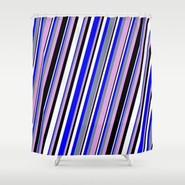[ Thumbnail: Blue, Light Slate Gray, Plum, Black & White Colored Stripes/Lines Pattern Shower Curtain ]