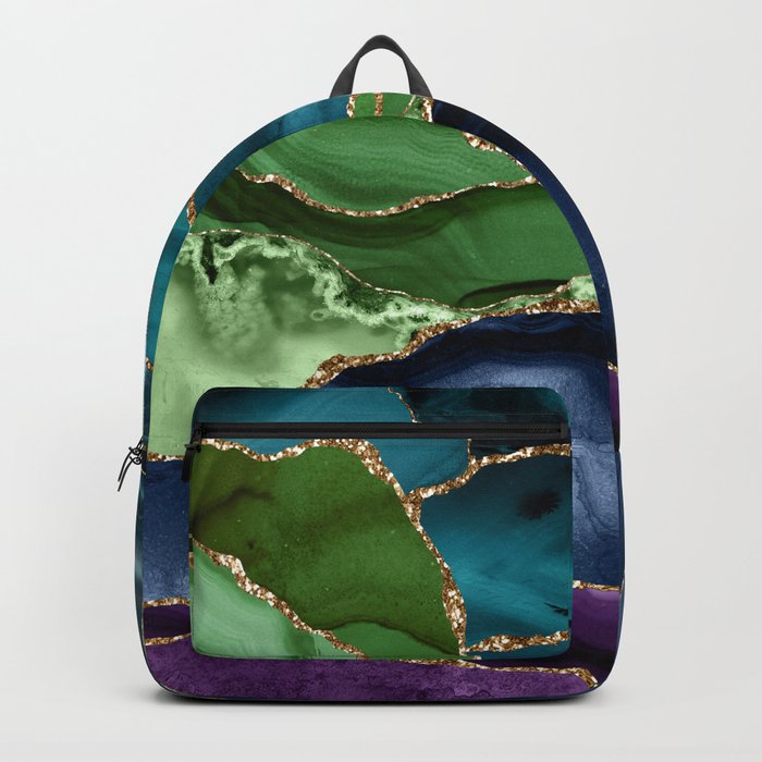 Blue Green Agate Gold Glitter Geode Texture Backpack