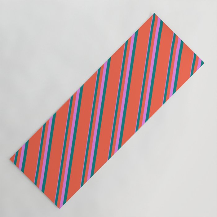 Violet, Teal & Red Colored Lines/Stripes Pattern Yoga Mat