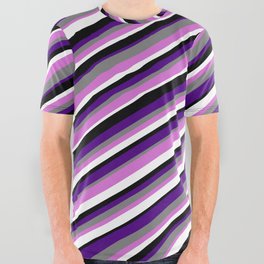[ Thumbnail: Vibrant Gray, Orchid, White, Black & Indigo Colored Stripes/Lines Pattern All Over Graphic Tee ]