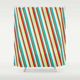 [ Thumbnail: Red, Tan, Light Cyan, and Light Sea Green Colored Lined/Striped Pattern Shower Curtain ]