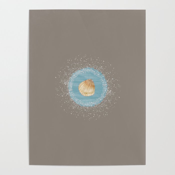 Watercolor Seashell and Blue Circle on Pale Brown Poster