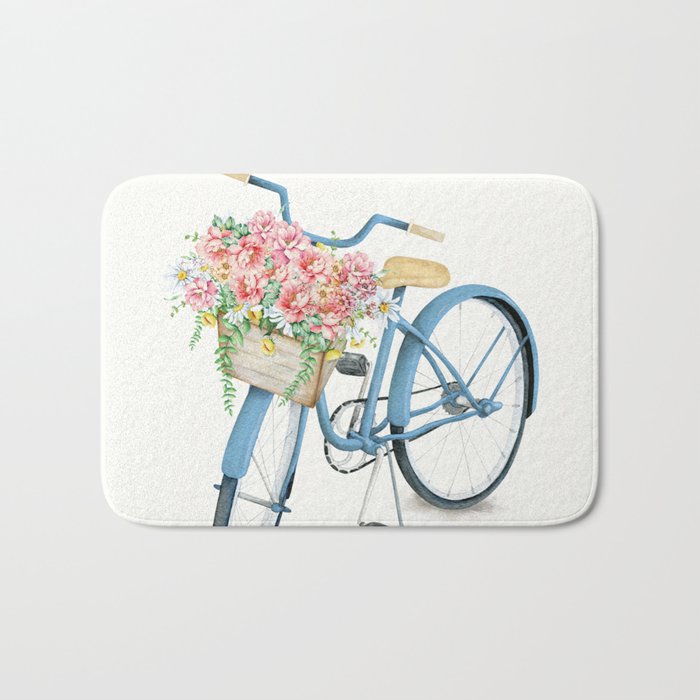 Blue Bicycle with Flowers in Basket Bath Mat
