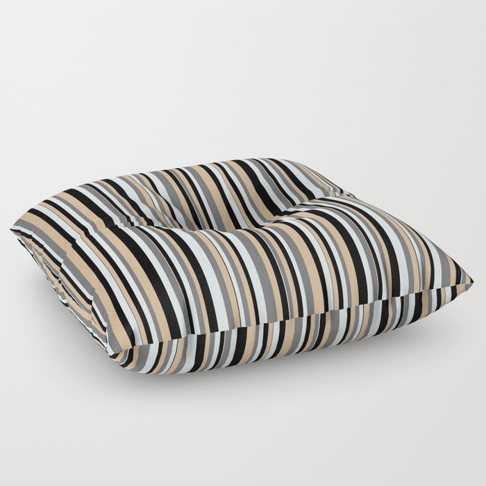 Tan, Dim Grey, Light Cyan & Black Colored Lines Pattern Floor Pillow