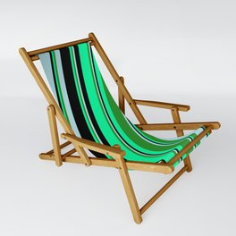 [ Thumbnail: Green, Forest Green, Powder Blue, and Black Colored Striped/Lined Pattern Sling Chair ]