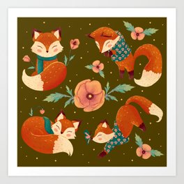 Cozy Foxes (Dark Colour) Art Print