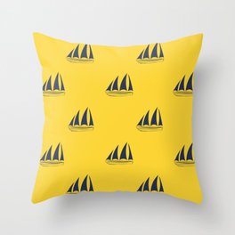 Navy blue Sailboat Pattern on yellow background Throw Pillow