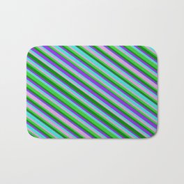 [ Thumbnail: Turquoise, Plum, Lime Green, Green & Purple Colored Lined Pattern Bath Mat ]